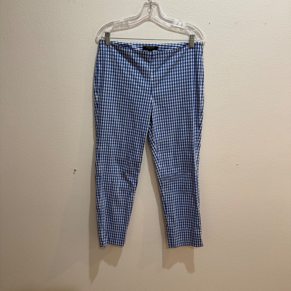 Brooks Brothers Natalie Fit Gingham Pants Blue White Side Zip Stretch Size 10